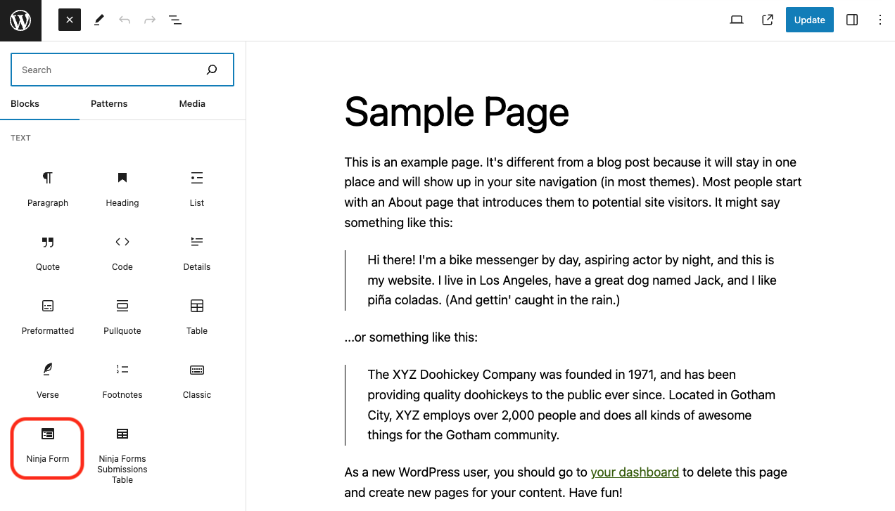 Image of the Gutenberg Block Selector window with the Ninja Form block highlighted